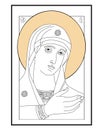 orthodox icon of Holy Mary Mother of God Queen of Heaven. Virgin Mary Hearing One. Linear vector illustration for
