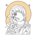 Orthodox icon of Holy Mother of God Mother of God Queen of Heaven with baby Jesus Christ. Virgin Mary tenderness. Linear Royalty Free Stock Photo