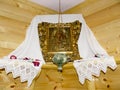 The Orthodox icon of the Mother of God and Jesus with the lamp in the corner of the room Royalty Free Stock Photo