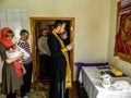 Orthodox infant baptism ceremony at home in Belarus.