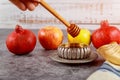 Orthodox Jewish holiday in the synagogue are the symbols of Rosh Hashanah apple and pomegranate, shofar talith