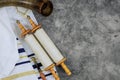 Orthodox Jewish holidays symbols prayer shawls, prayer scrolls