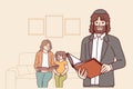 Orthodox jewish man with bible in hands stands near wife and daughter and holds book with prayers