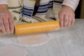 Orthodox Jews rolling dough for Matzos for Passover to putting in oven