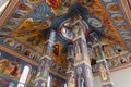 Orthodox Monastery Europe. Bright blue vintage interior of an ancient historic Greek church