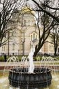 Riga, Latvia. Orthodox Nativity of Christ Cathedral in Riga and antique fountain in the foreground. Royalty Free Stock Photo