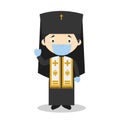 Orthodox Patriarch cartoon character with surgical mask and latex gloves