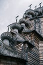 Orthodox Pokrovskaya church, View of wooden domes and crosses.