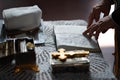 Orthodox priest reads prayer book at  baptism Royalty Free Stock Photo