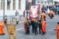 Orthodox religious procession on the central street of Vladivostok on Easter day