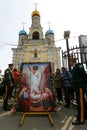 Orthodox religious procession on the central street of Vladivostok on Easter day