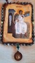 Orthodox wooden icon Prayer rope with medaillon Komboskini Royalty Free Stock Photo