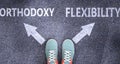 Orthodoxy and flexibility as different choices in life - pictured as words Orthodoxy, flexibility on a road to symbolize making