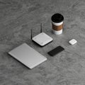 ORTHOGRAPHIC VIEW OF LAPTOP, ROUTER, MOBILE PHONE, COFFEE CUP AND AIRPODS