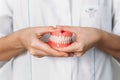 The orthopedic dentist is holding dentures in his hands. Dental prosthesis in the hands of the doctor.