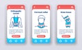 Orthopedic diseases on mobile app onboarding screens. Line icons, corset, posture corrector, cervical collar, knee brace