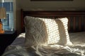 an orthopedic pillow on a wellmade bed, morning sunlight streaming