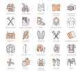 Orthopedic, trauma rehabilitation line icons. Crutches, mattress, pillow, cervical collar, walkers and other medical