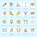 Orthopedic, trauma rehabilitation line icons. Crutches, orthopedics mattress pillow, cervical collar, walkers and other