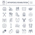 Orthopedic, trauma rehabilitation line icons. Crutches, orthopedics mattress pillow, cervical collar, walkers and other Royalty Free Stock Photo