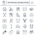 Orthopedic, trauma rehabilitation line icons. Crutches, orthopedics mattress pillow, cervical collar, walkers and other