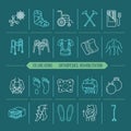 Orthopedic, trauma rehabilitation line icons. Crutches, orthopedics mattress pillow, cervical collar, walkers and other Royalty Free Stock Photo