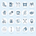 Orthopedic, trauma rehabilitation line icons. Crutches, orthopedics mattress pillow, cervical collar, walkers and other