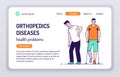 Orthopedics diseases web banner. Man with back pain. Man with broken leg is standing on crutches. Isolated cartoon character on a
