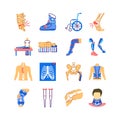 Orthopedics flat color icons set. Rehabilitation after injuries. Musculoskeletal system treatment. Mobility aid concept. Sign for Royalty Free Stock Photo