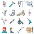 Orthopedist bone tools icons set, cartoon style
