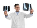 Orthopedist holding X-ray pictures on background Royalty Free Stock Photo