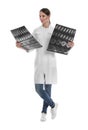 Orthopedist holding X-ray pictures on background Royalty Free Stock Photo