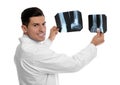 Orthopedist holding X-ray pictures on background Royalty Free Stock Photo