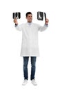 Orthopedist holding X-ray pictures on background Royalty Free Stock Photo