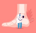 Orthopedy and Podiatry Medical Healthcare Concept. Doctor Podiatrist Character with Clip Board Stand at Huge Foot Royalty Free Stock Photo