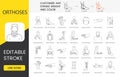 Orthoses line icon set in vector, illustration of cervical and ankle foot orthoses, shoulder and finger orthosis, spinal