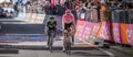 Ortisei, Italy May 25, 2017: Professional Cyclists Vincenzo Nibali, Tom Doumulin, Nairo Quintana exhausted passes the finish line