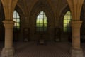 Orval Abbey, in Belgium. Ruins of the Cistercian monastery and the Gothic church. Indoors room with arches and vaults.