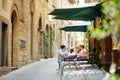 ORVIETO, ITALY - JUNE 11, 2019: Streets of Orvieto, a medieval hill town, rising above the almost-vertical faces of tuff cliffs