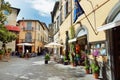 ORVIETO, ITALY - JUNE 11, 2019: Streets of Orvieto, a medieval hill town, rising above the almost-vertical faces of tuff cliffs