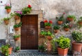 Medieval door wood in a stone door frame facing a cobblestone alley in Orvieto, Italy