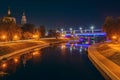 Oryol or Orel city embankment in night, Russia. Oka river with reflected of illuminated historic and religious buildings