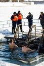 ORYOL, RUSSIA - JANUARY 19, 2019: Orthodox Christians bathe in the Epiphany Jordan on the feast day of the baptism of the Lord Royalty Free Stock Photo