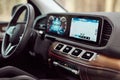 Orzesze/Poland - 01.12.2020: Cabin of Luxury Mercedes GLE finished with real wood and leather and a huge multimedia screen MBUX