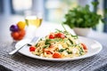 orzo pasta mixed with feta cheese and cherry tomatoes