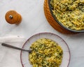 Orzo pasta vith green vegetables. Vegetarian creamy orzo cooked rissoto style Royalty Free Stock Photo