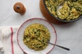 Orzo pasta vith green vegetables. Vegetarian creamy orzo cooked rissoto style Royalty Free Stock Photo