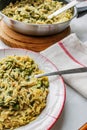 Orzo pasta vith green vegetables. Vegetarian creamy orzo cooked rissoto style Royalty Free Stock Photo