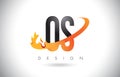 OS O S Letter Logo with Fire Flames Design and Orange Swoosh.