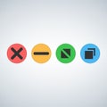 OS or Web multicolor buttons. Close minimize zoom full screen and expand button. Flat vector illustration isolated on modern backg